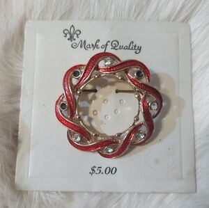 Rhinestone Circle Brooch Pin Red and Gold Vintage